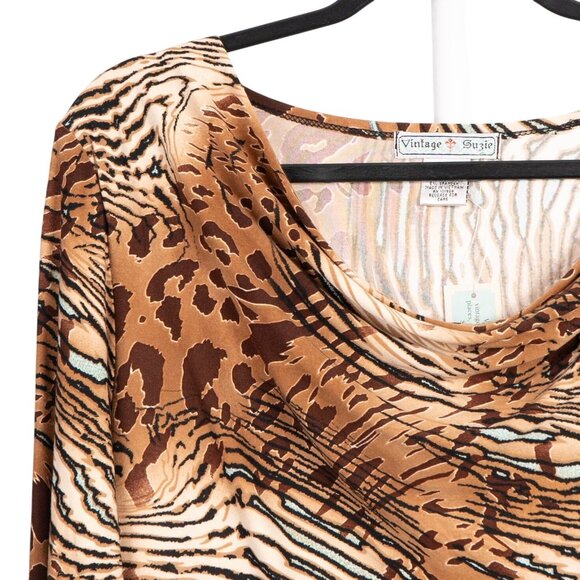 Vintage Suzie Leopard Print Shirt L Womens New Cowl Neck 3/4 Sleeves Brown Green - Picture 2 of 5